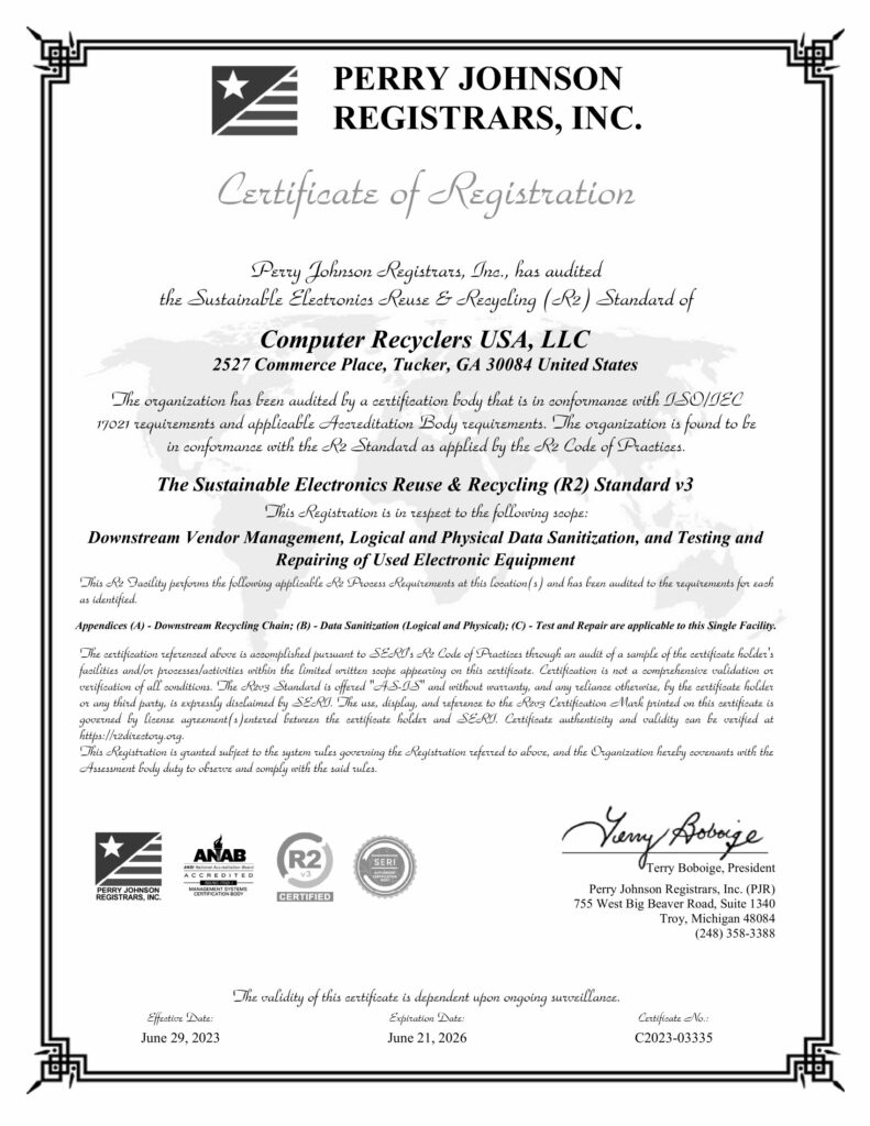 Computer Recyclers USA LLC R2V3 Certification